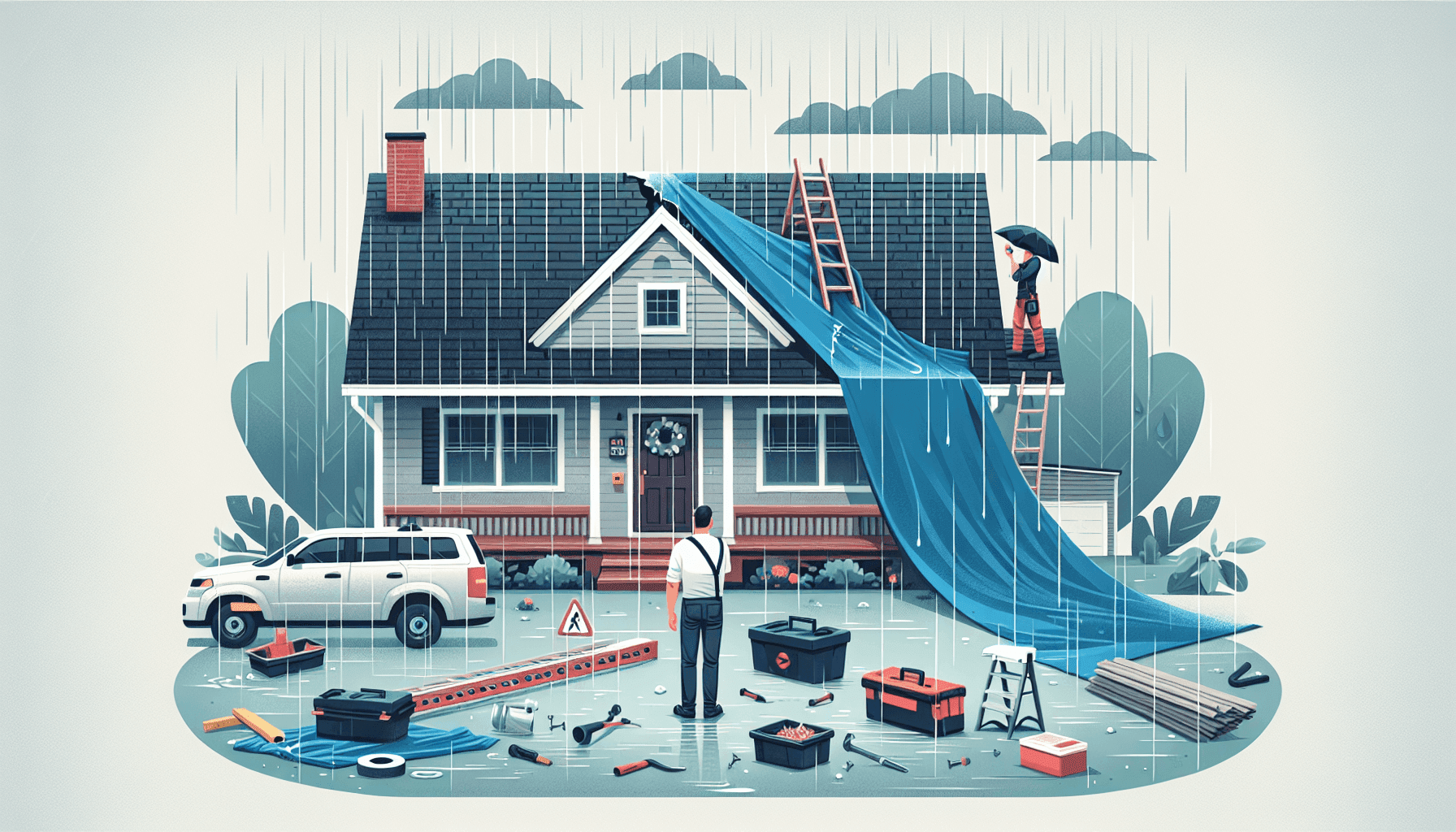 Homeowner placing tarp on damaged roof during heavy rain