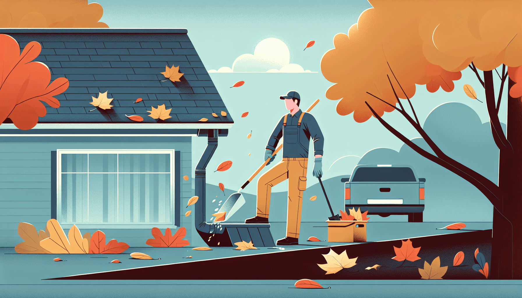 Technician cleaning gutters and repairing downspout