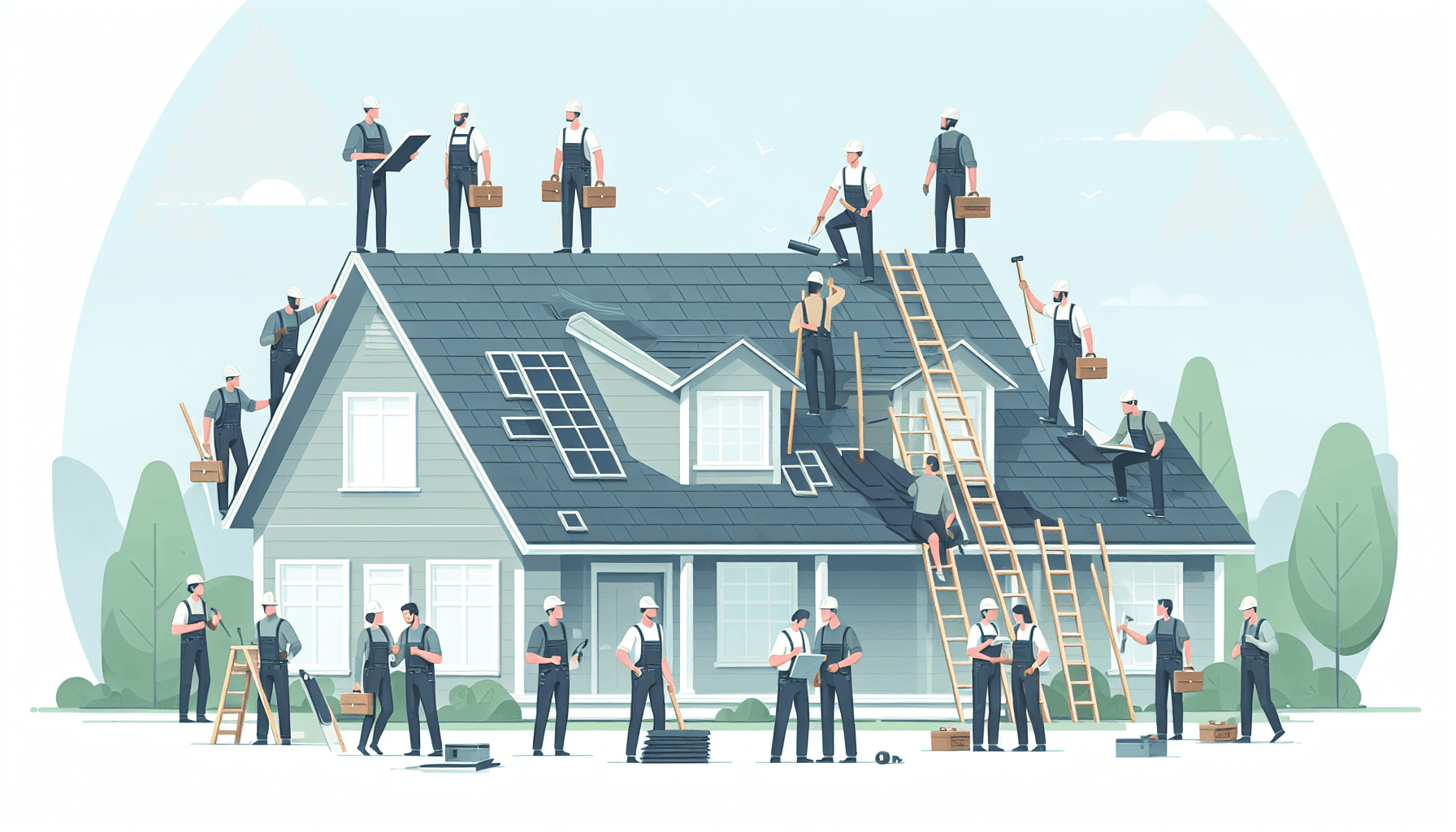 Team replacing old shingles with new roof materials