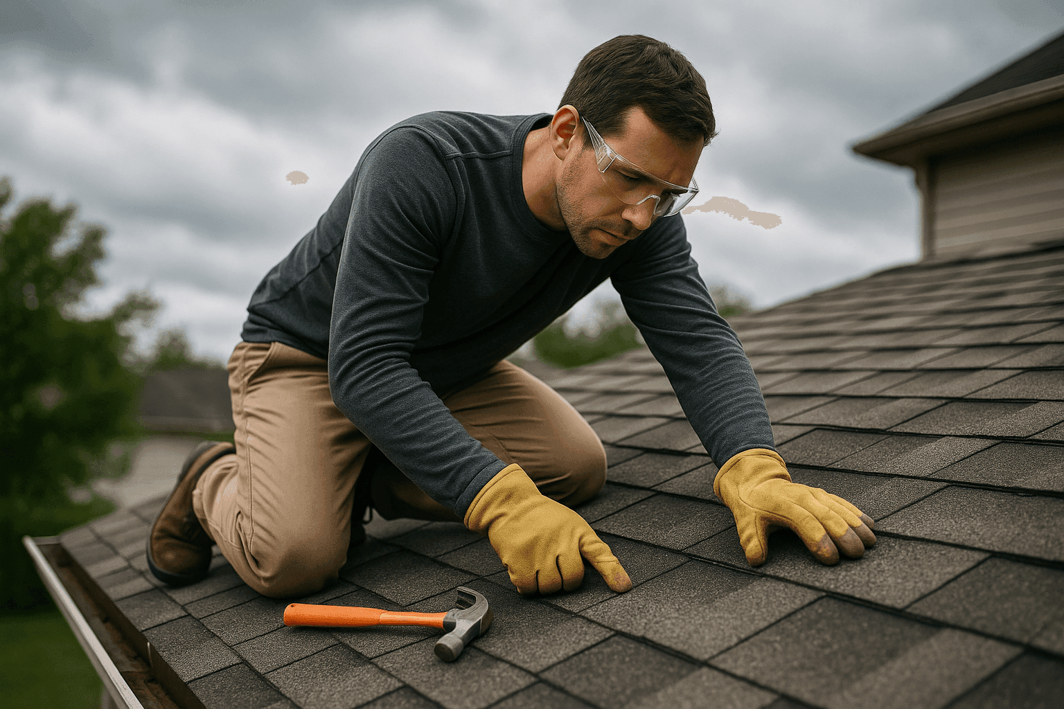 Homeowner safely inspecting roof shingles after storm