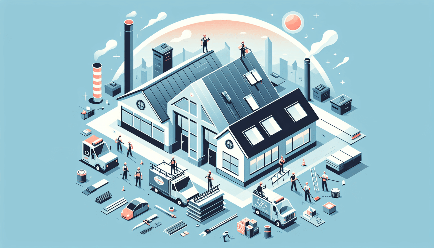 Commercial flat roof and residential pitched roof side by side