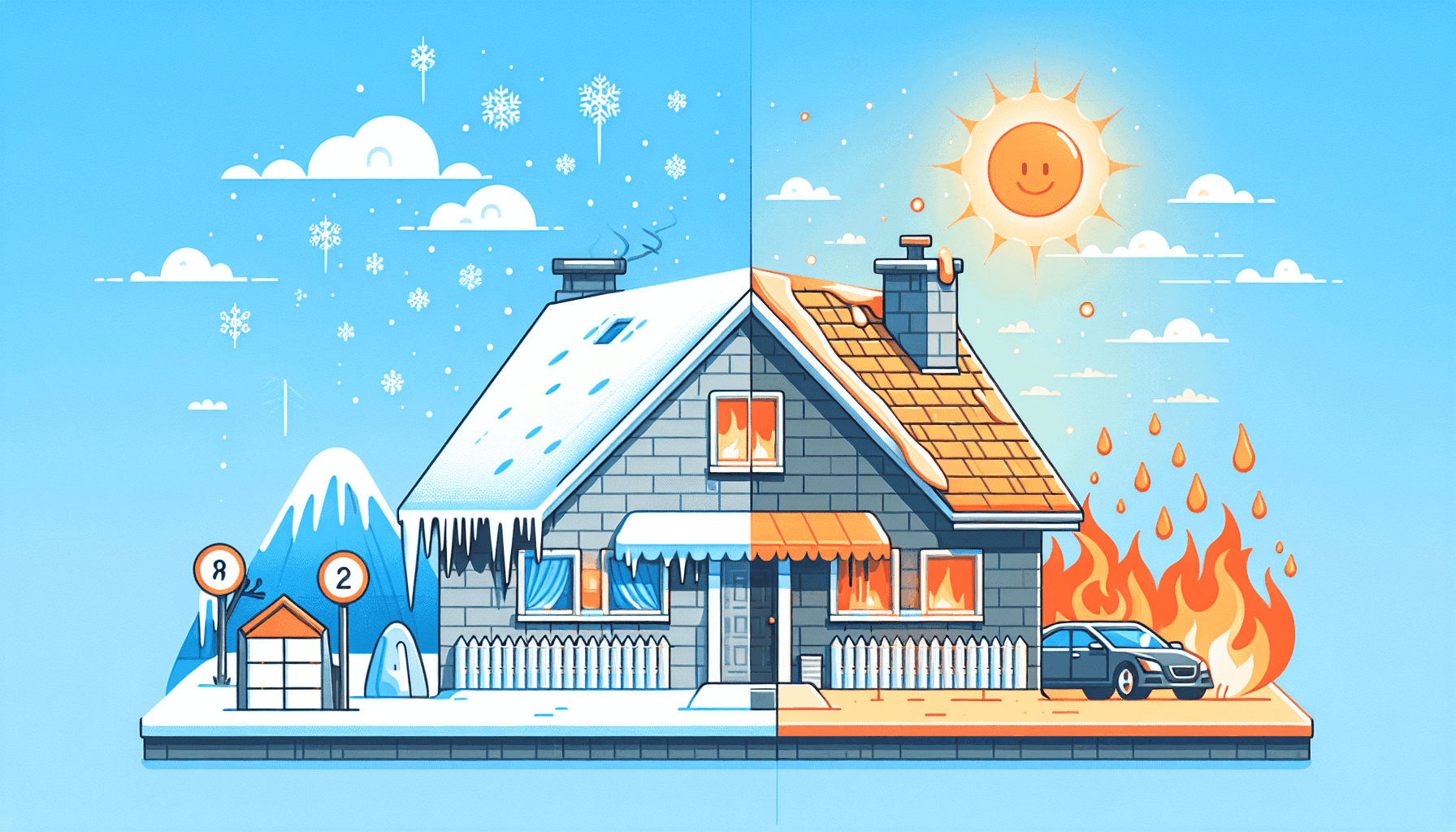 Home roof half-covered in snow, half in summer sun