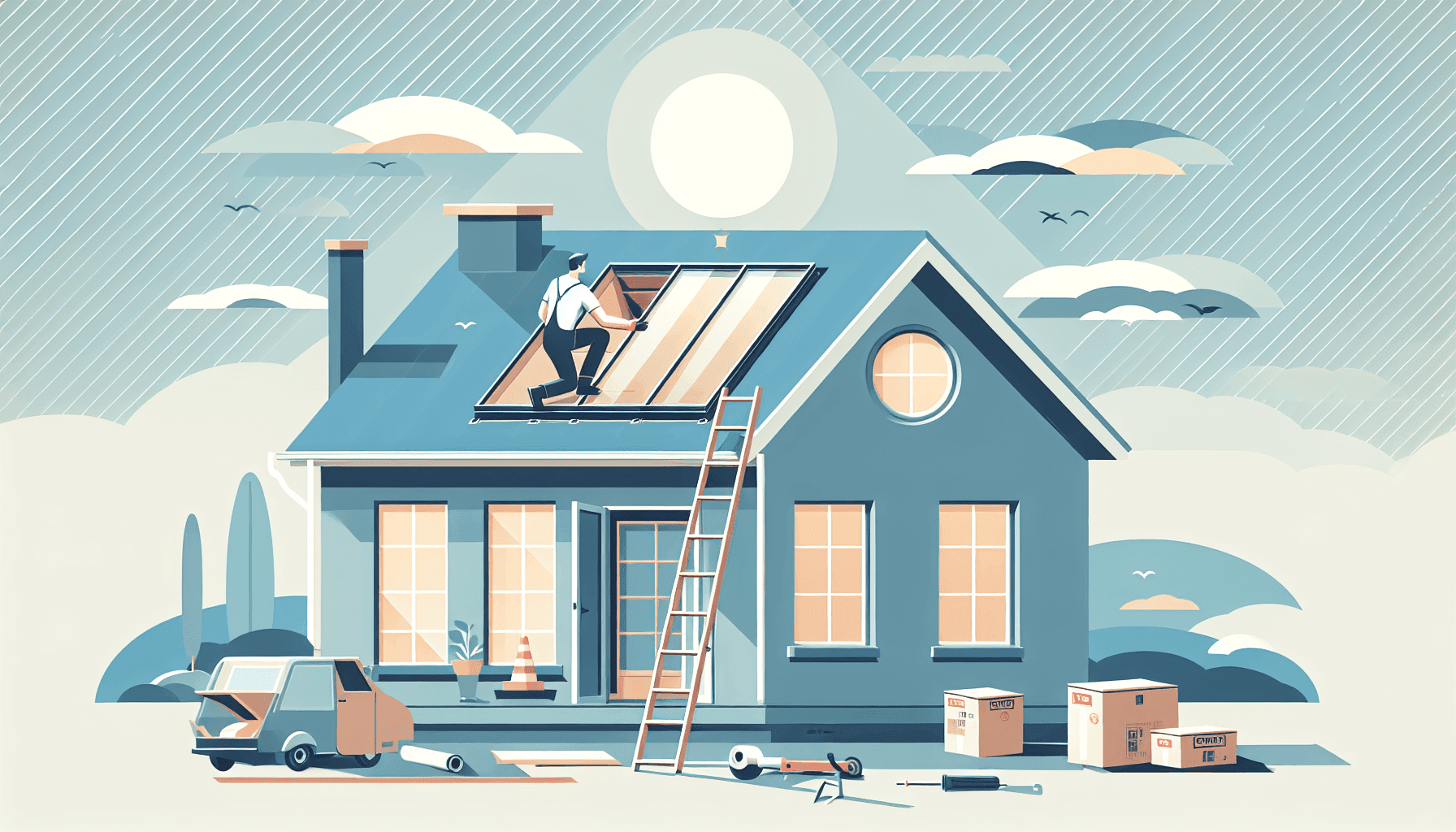 Professional installing modern skylight on roof