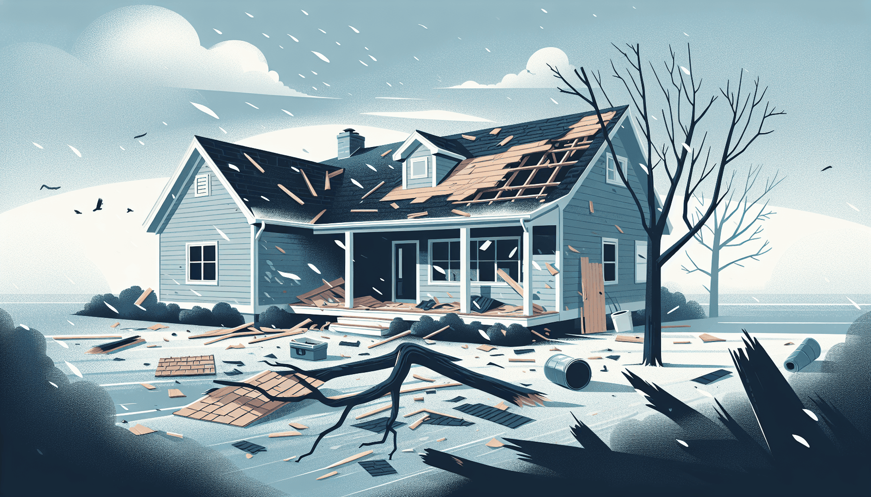 Damaged roof after a severe storm with debris